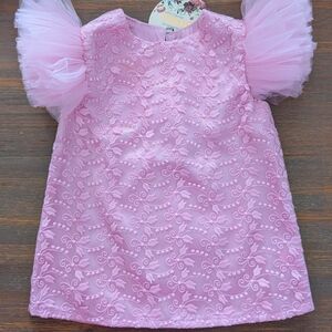 Pink Tulle Sleeve Embroidered Girls' Dress Top